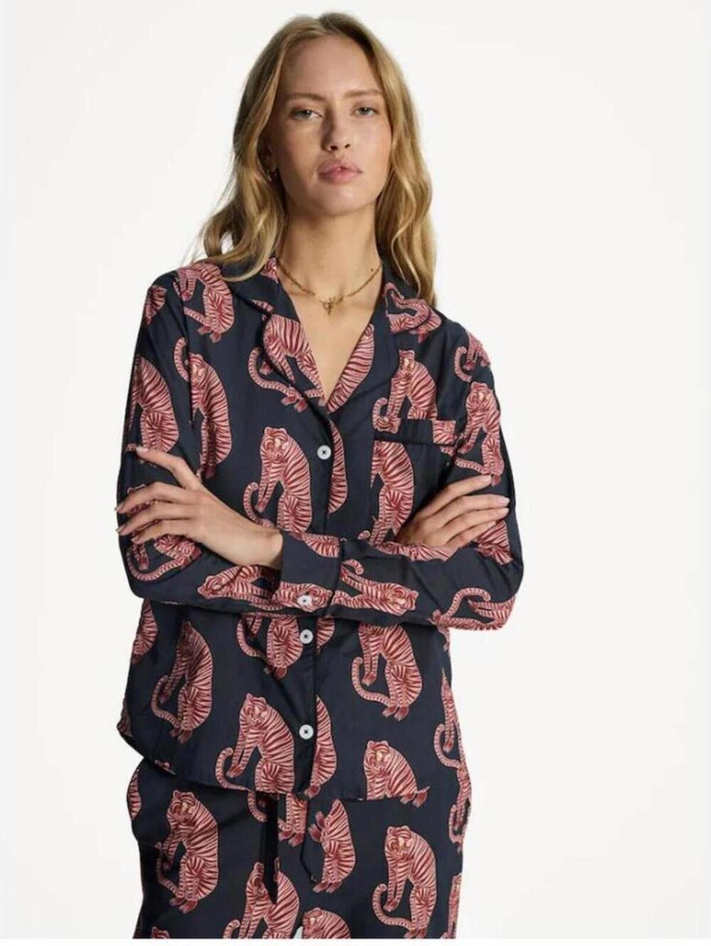 Desmond & Dempsey‎ Tiger Print Pajama Top L Navy Pink Cotton Button Front Shirt